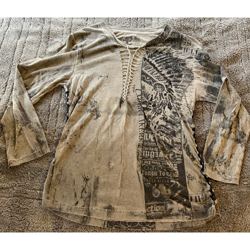Affliction American Customs Shirt XlargeFoiled Graphic Braided Lace Up Biker Top
